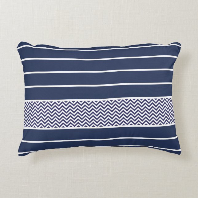 Modern Navy Blue White Stripes Chevron Pattern Decorative Cushion (Front)