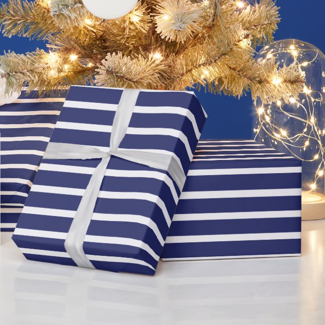 Modern navy blue & white stripes elegant chic wrapping paper (Holidays)