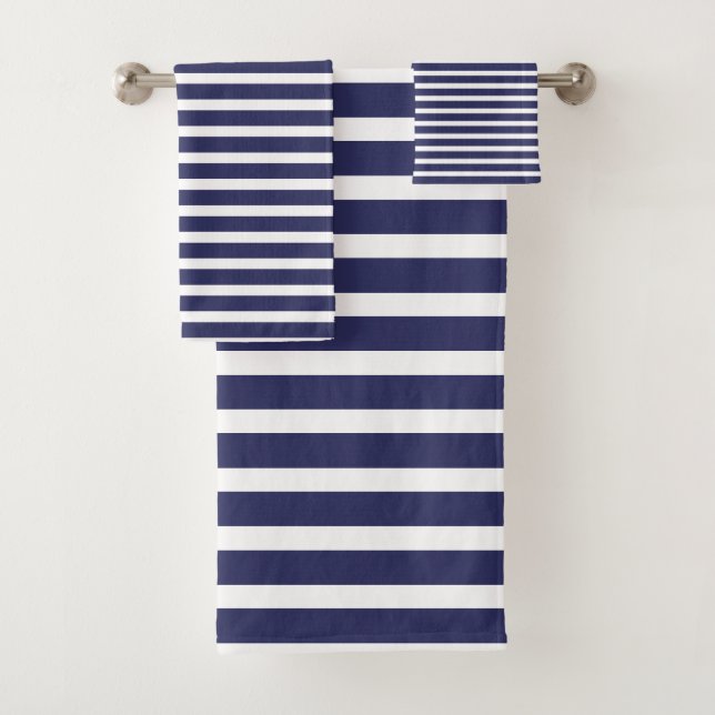 Modern Navy Blue White Stripes Pattern  Bath Towel Set (Insitu)