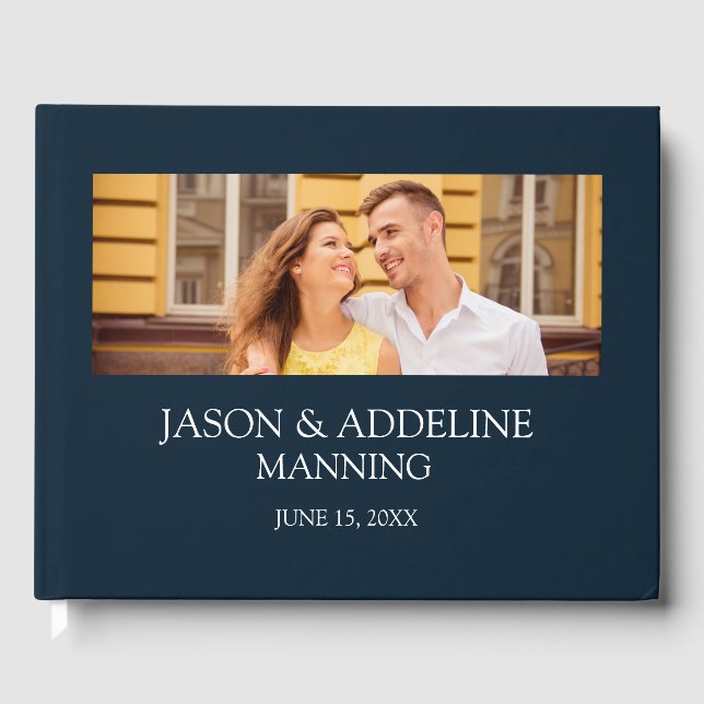 Modern Navy Blue White Two Photo Wedding Guest Book (Front)