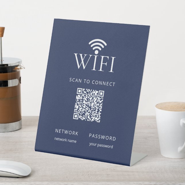 Modern Navy Blue WiFi Network Password QR Code Pedestal Sign (In SItu)