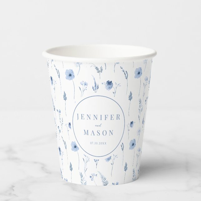 Modern navy blue wildflower wedding paper cups (Front)