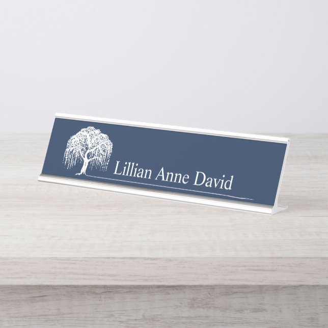 Modern Navy Blue Willow Tree Logo Personalised Desk Name Plate (Front)