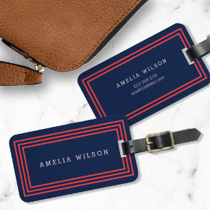Modern Navy Blue with Salmon Pink Borders Luggage Tag