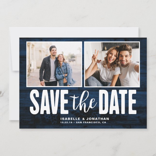 Modern Navy Blue Wood 2 Photo Save the Date (Front)