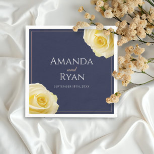 Modern Navy Blue Yellow Rose Floral Wedding Napkin