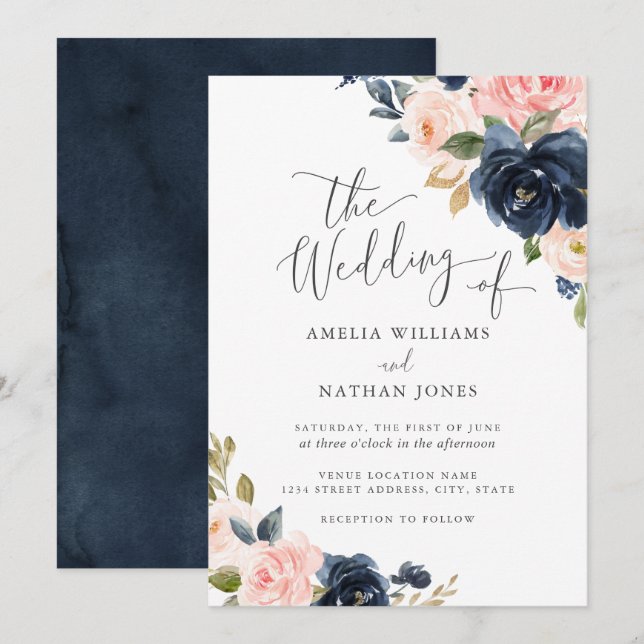 Modern Navy Blush Floral Wedding Invitation (Front/Back)