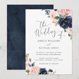 Modern Navy Blush Floral Wedding Invitation