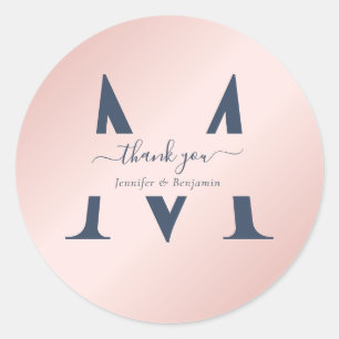 Modern Navy Blush Monogram Wedding Favour Thank Yo Classic Round Sticker