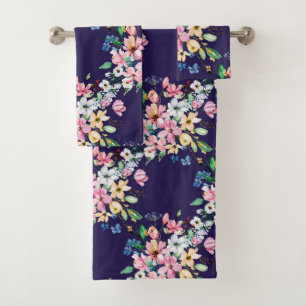Modern Navy Blush Pink Floral Print Bath Towel Set