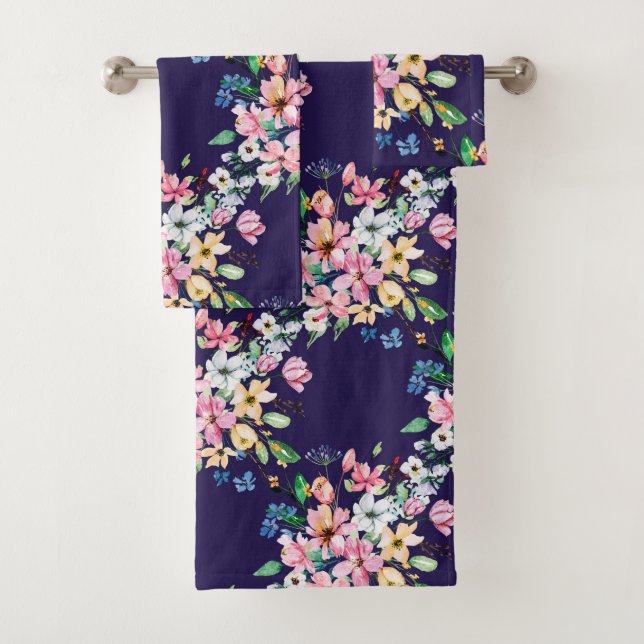 Modern Navy Blush Pink Floral Print Bath Towel Set (Insitu)