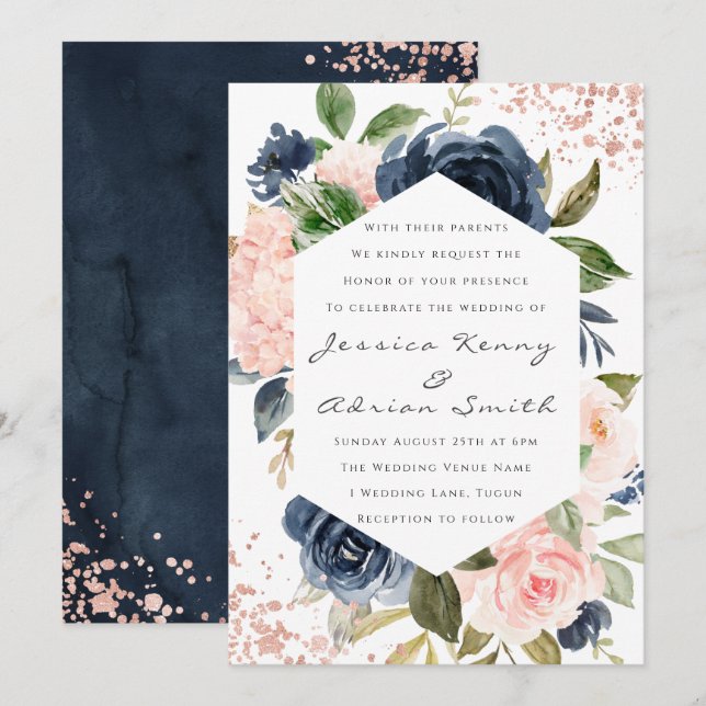 Modern Navy & Blush Watercolor Flowers Wedding Invitation (Front/Back)