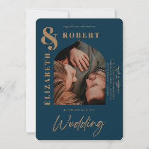 Modern Navy Bold Stylish Bold Arched Photo Wedding Invitation