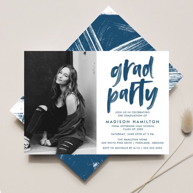 Modern Navy Brush Script Photo Graduation Party Invitation (Creator Uploaded)