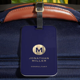 Modern Navy Brushed Gold Monogram Luggage Tag