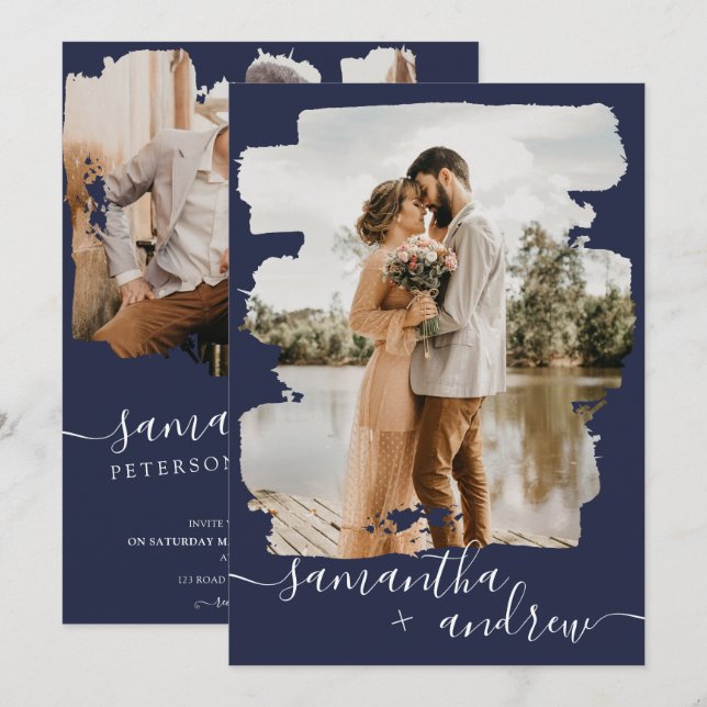 Modern navy  brushstroke script 2 photos wedding invitation (Front/Back)
