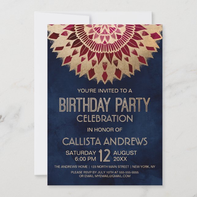 Modern Navy Burgundy Gold Floral Mandala Birthday Invitation (Front)