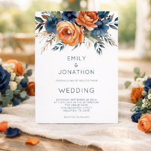 Modern Navy Burnt Orange Florals QR Code Wedding Invitation