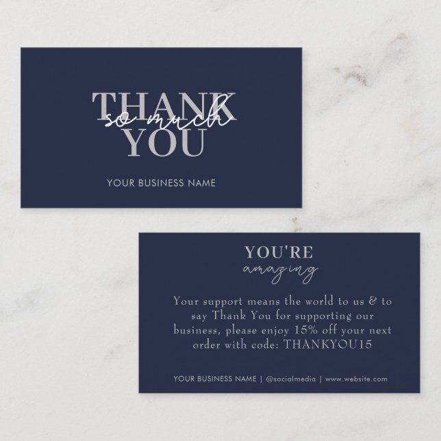 Modern Navy Business Elegant Thank You Business Card (Front/Back)