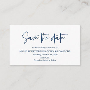 Modern Navy casual elegance font, Save the date Enclosure Card