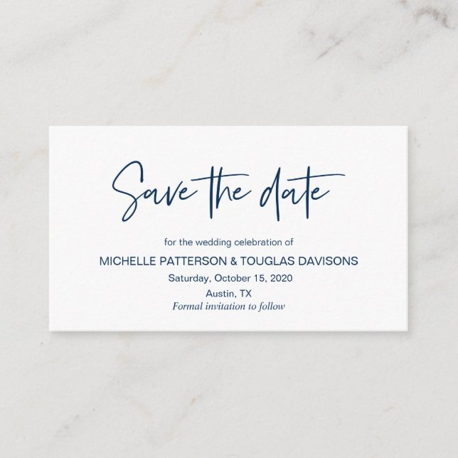 Modern Navy casual elegance font, Save the date Enclosure Card (Front)