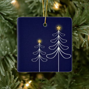 Modern Navy Christmas Tree Graphic Ceramic Ornament