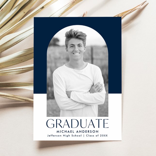 Modern Navy Colour Block Arch Photo Graduation Announcement (Creator Uploaded)
