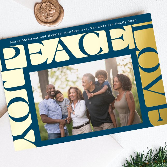 Modern Navy colourful LOVE PEACE JOY photo frame Foil Holiday Card (Creator Uploaded)
