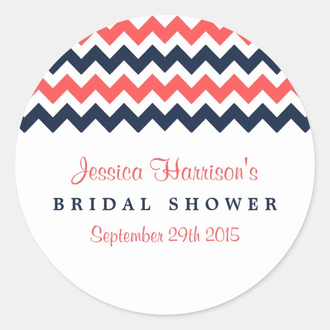 Modern Navy & Coral Chevron Bridal Shower Stickers (Front)
