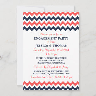 Modern Navy & Coral Chevron Engagement Party Invitation