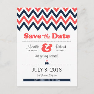 Modern Navy Coral Chevron Lovebirds Save the Date Announcement Postcard