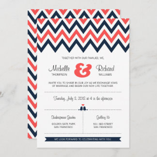 Modern Navy & Coral Chevron & Lovebirds Wedding Invitation