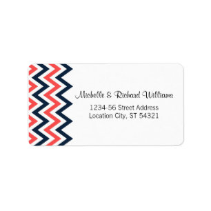 Modern Navy & Coral Chevron & Lovebirds Wedding Label