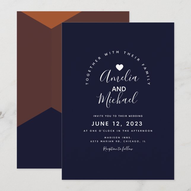 Modern Navy Dark Chocolate Terracotta Wedding Invitation (Front/Back)