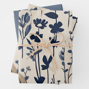 Modern Navy Dusty Blue Floral  Wrapping Paper Sheet