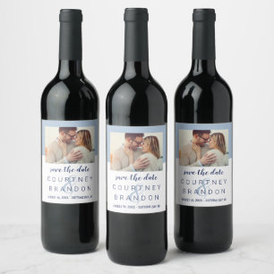 Modern Navy Dusty Blue Save the Date Photo Wine Label
