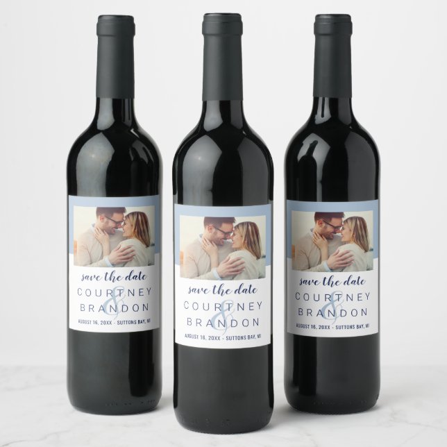 Modern Navy Dusty Blue Wedding Photo Save the Date Wine Label (Bottles)