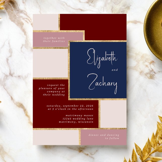 Modern Navy Dusty Rose Burgundy Blush Gold Wedding Invitation (A unique choice for a modern burgundy, navy blue, blush and gold wedding palette.)