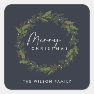 MODERN NAVY ELEGANT HOLLY BERRY WREATH CHRISTMAS SQUARE STICKER