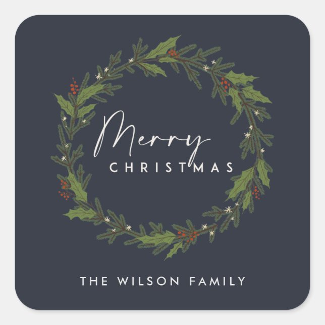 MODERN NAVY ELEGANT HOLLY BERRY WREATH CHRISTMAS SQUARE STICKER (Front)