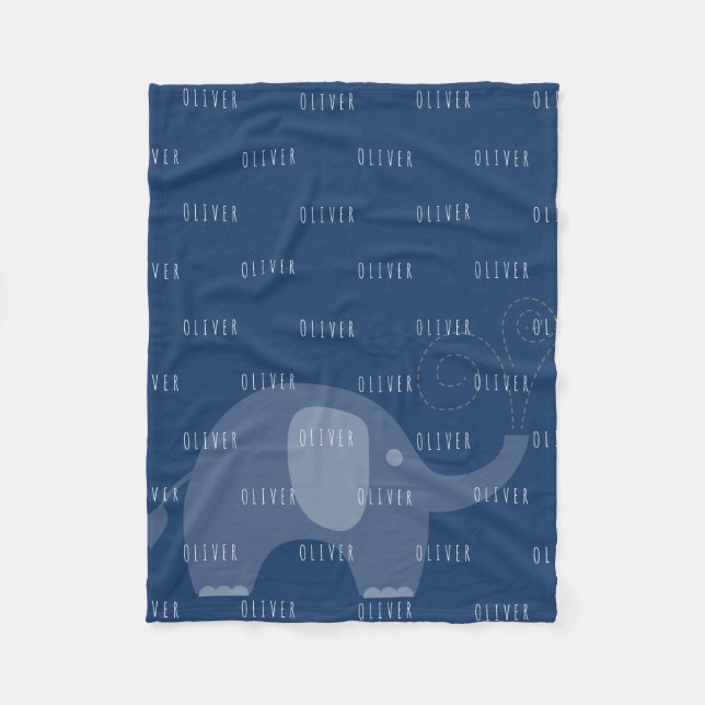 Modern Navy Elephant Personalised Name Boy Fleece Blanket (Front)