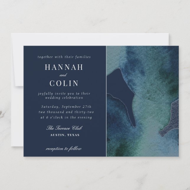 Modern Navy Emerald Abstract Watercolor Invitation (Front)