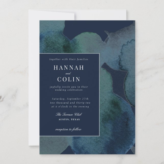 Modern Navy Emerald Abstract Watercolor Invitation (Front)