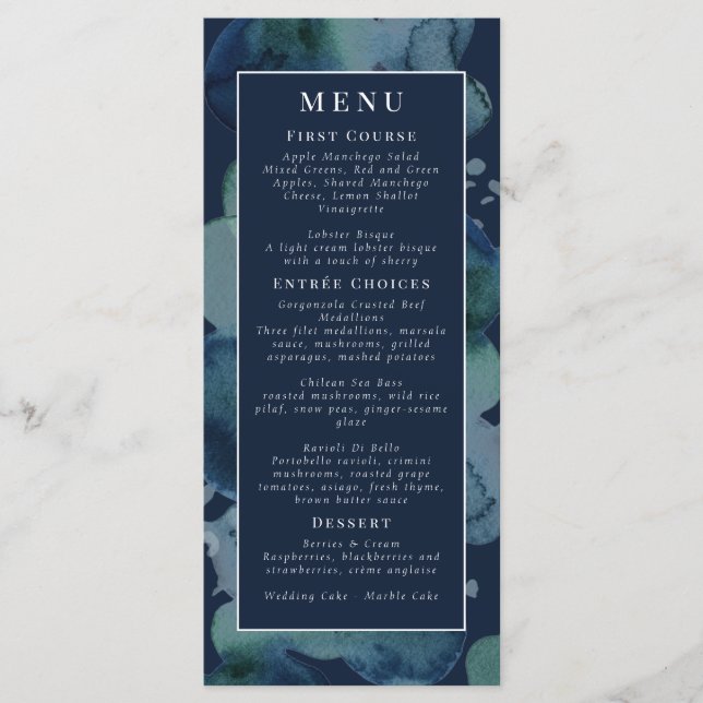Modern Navy Emerald Abstract Watercolor Menu (Front)