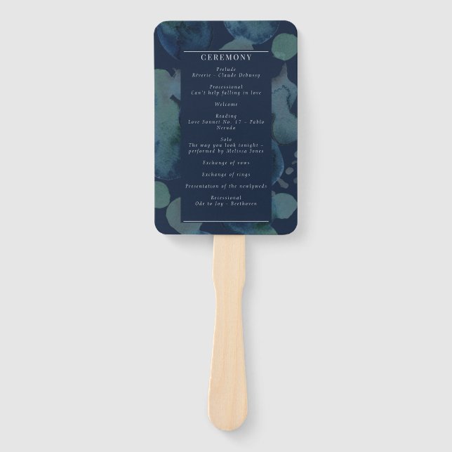 Modern Navy Emerald Abstract Watercolor Program Hand Fan (Front)