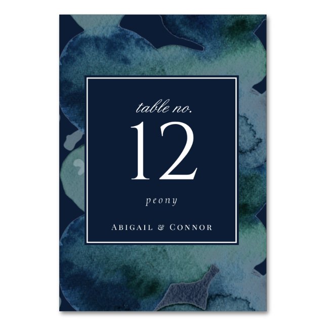 Modern Navy Emerald Abstract Watercolor Table Number (Front)