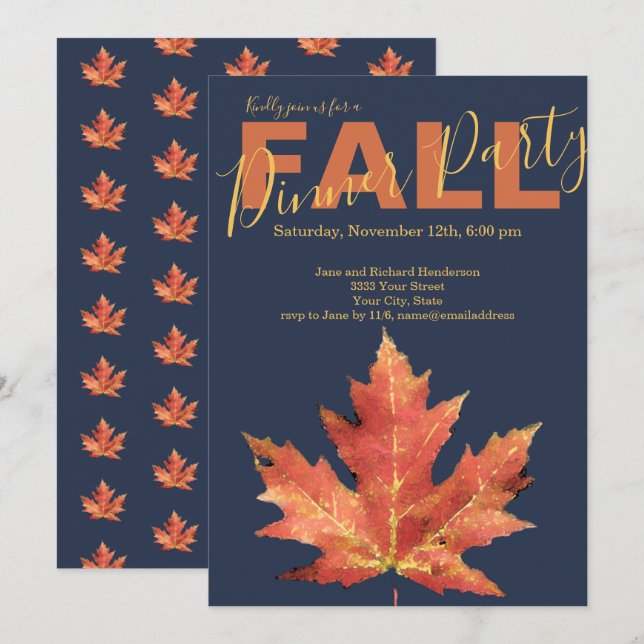 Modern Navy Fall Dinner Party Invitation (Front/Back)