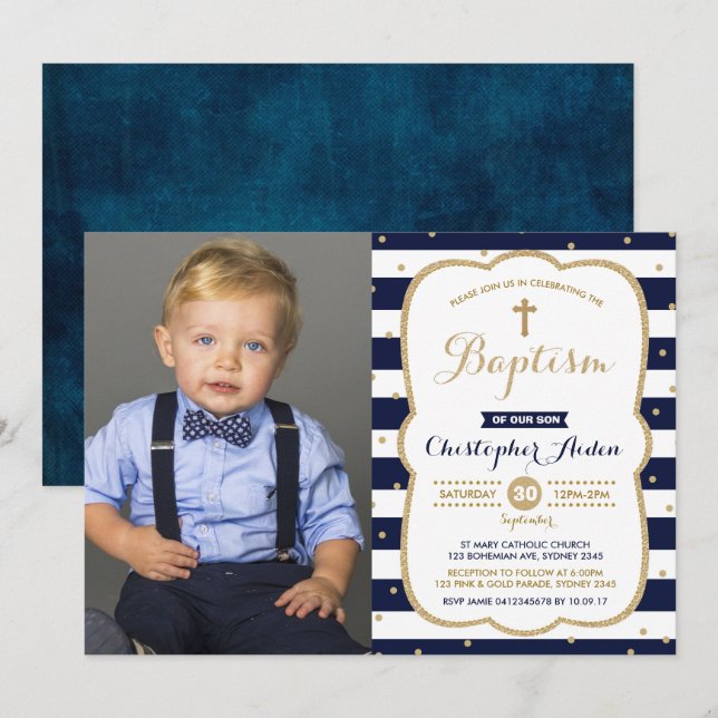 Modern Navy Faux Gold Boy Baptism Photo Invitation (Front/Back)