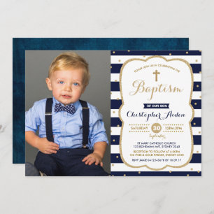 Modern Navy Faux Gold Boy Baptism Photo Invitation