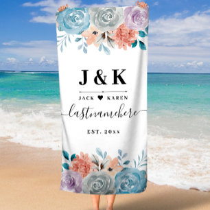 Modern Navy Floral Botanical Watercolor Bath Towel